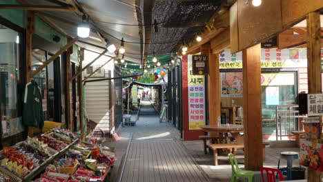 walking along tracks at gyeongamdong railroad town in south korea, pov