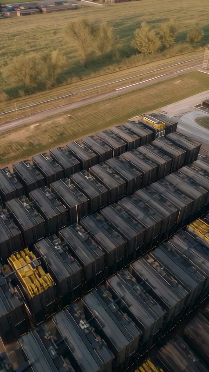 Vertical video: Panning drone over yard container rows surveying yellow units and following railcar