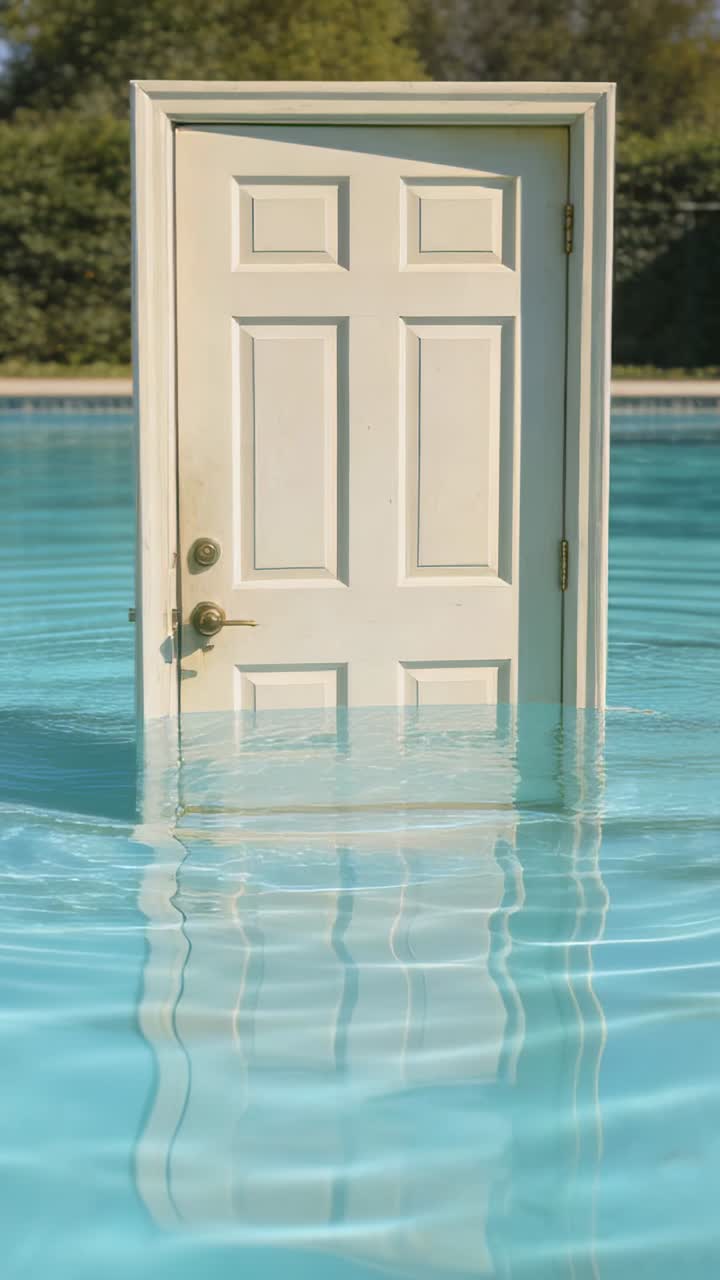 Vertical video: Standing white door at pool, breeze making ripples and bending door reflection