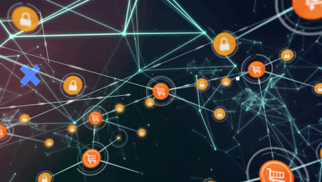 animation of network of connections with shopping trolley icons over markers