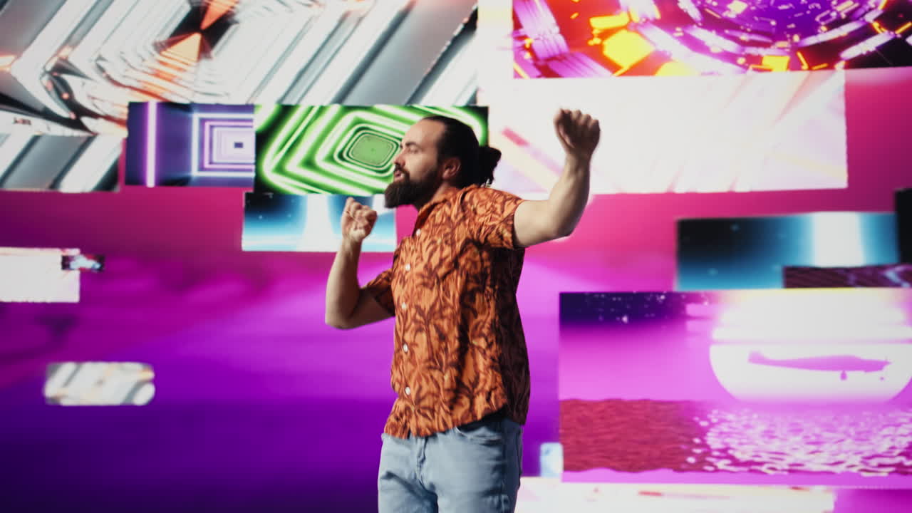 Cool digital content creator dancing under glowing neon lights