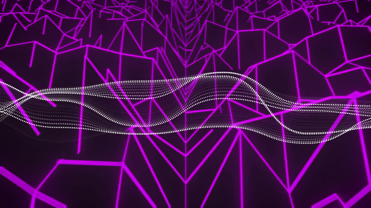 Animation of dots flowing over geometric purple neon lines in motion