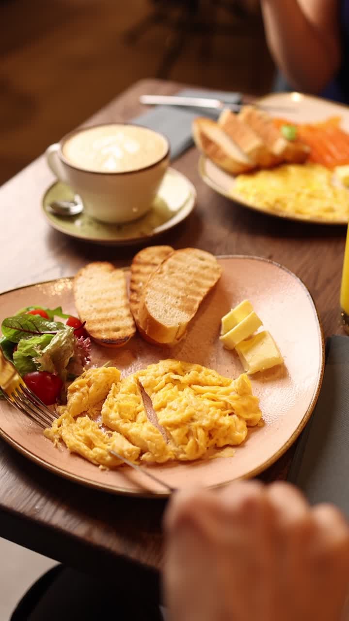 Scrambled Eggs Breakfast with Toast and Coffee