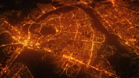 beautiful aerial cityscape view of the city. abstract night city view with traffic jams rays. techno mega city. urban, big data, business and futuristic visual technology concept. 3d animation of 4k