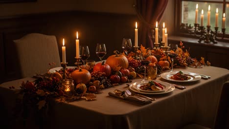 festive autumn dinner table setting with pumpkins, candles, and seasonal decorations creating a warm and inviting atmosphere for a gathering
