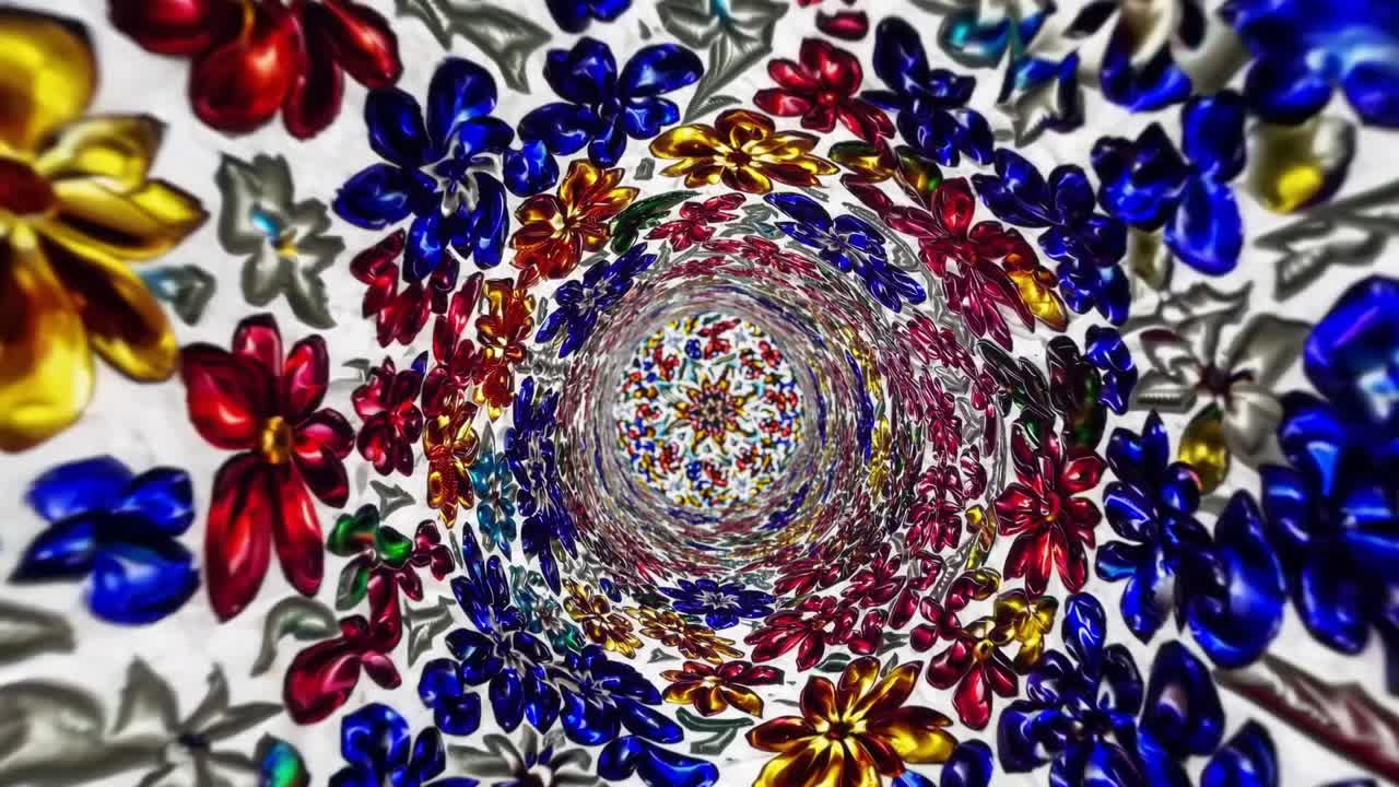 Colorful spiral of vibrant flowers in a mesmerizing pattern, showcasing a continuous flow of intricate designs and textures in a captivating motion sequence