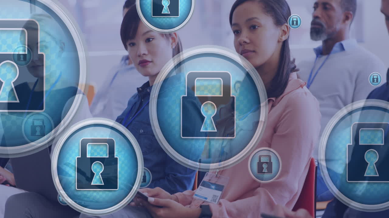 사무실에서 다양한 사람들을 처리하는 락 아이콘의 애니메이션