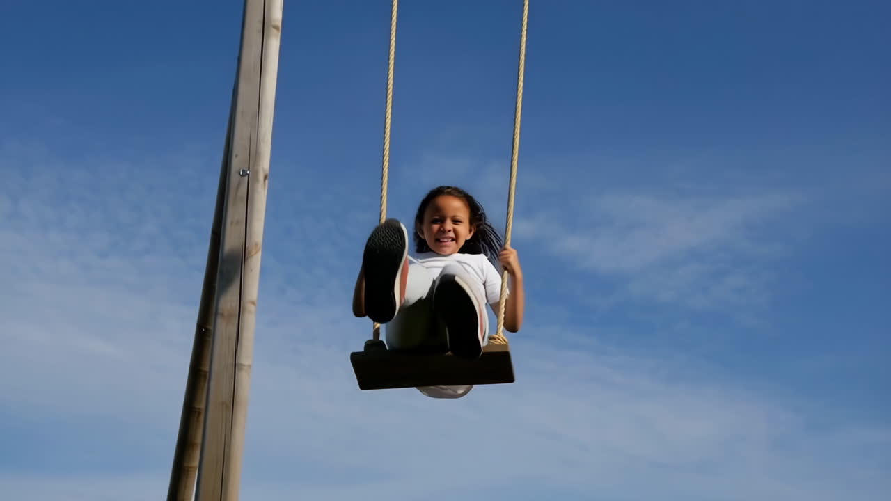 Bambino che si dondola a testa in giù contro un cielo blu