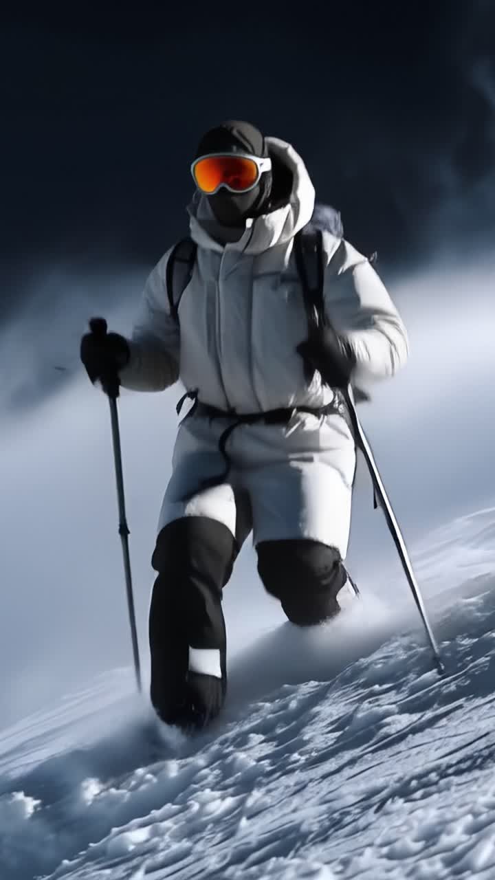 Cold wind bites the mountaineer's face. Snow swirls fiercely around the lone climber. They press forward, determined against the storm. Backpack and poles confirm their purpose