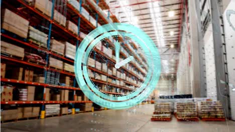 Animation-of-clock-and-data-processing-over-shelves-in-warehouse