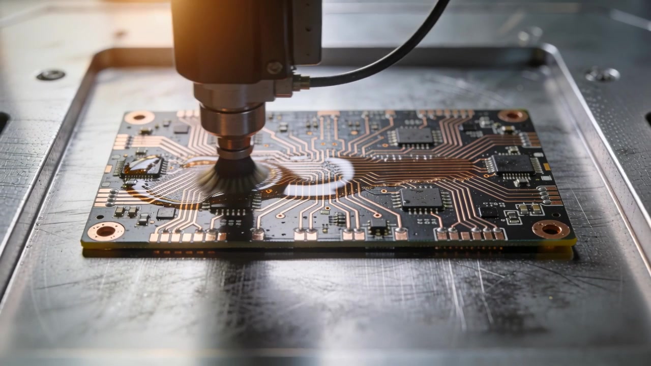 Robotic arm sweeping spinning rotary brush across circuit board in metal tray, AI-generated