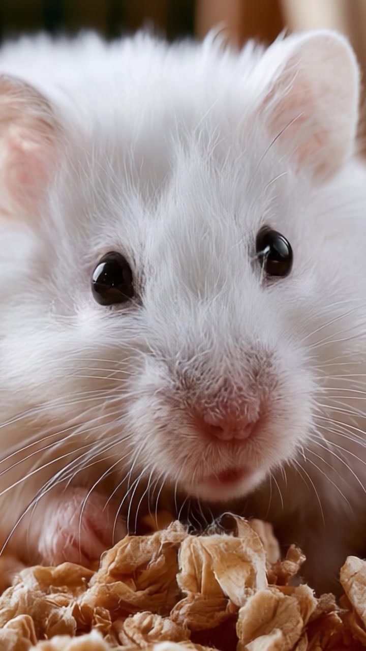 Affascinante primo piano di un criceto bianco, che mostra la sua natura giocosa e la sua pelliccia soffice in un ambiente accogliente circondato da morbido materiale da lettiera.
