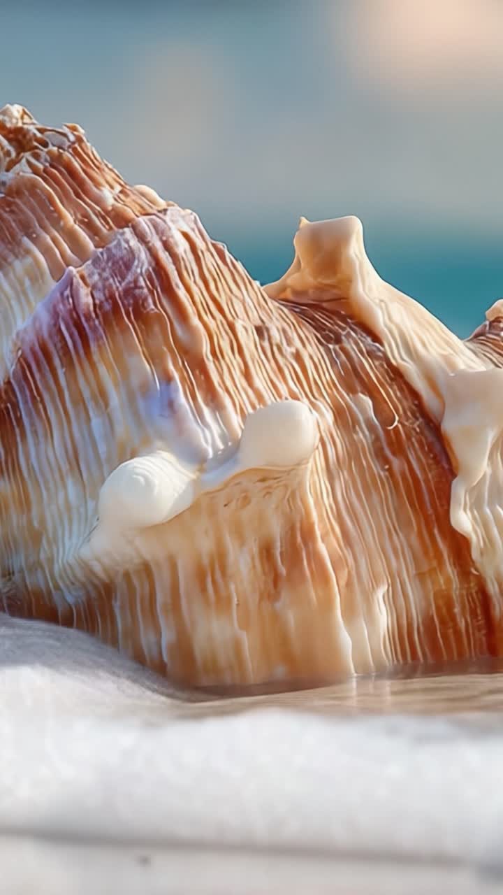 Detailed Close-up of a Beautiful Sea Shell on a Shoreline, Highlighting Its Intricate Patterns and Textures Under Natural Light
