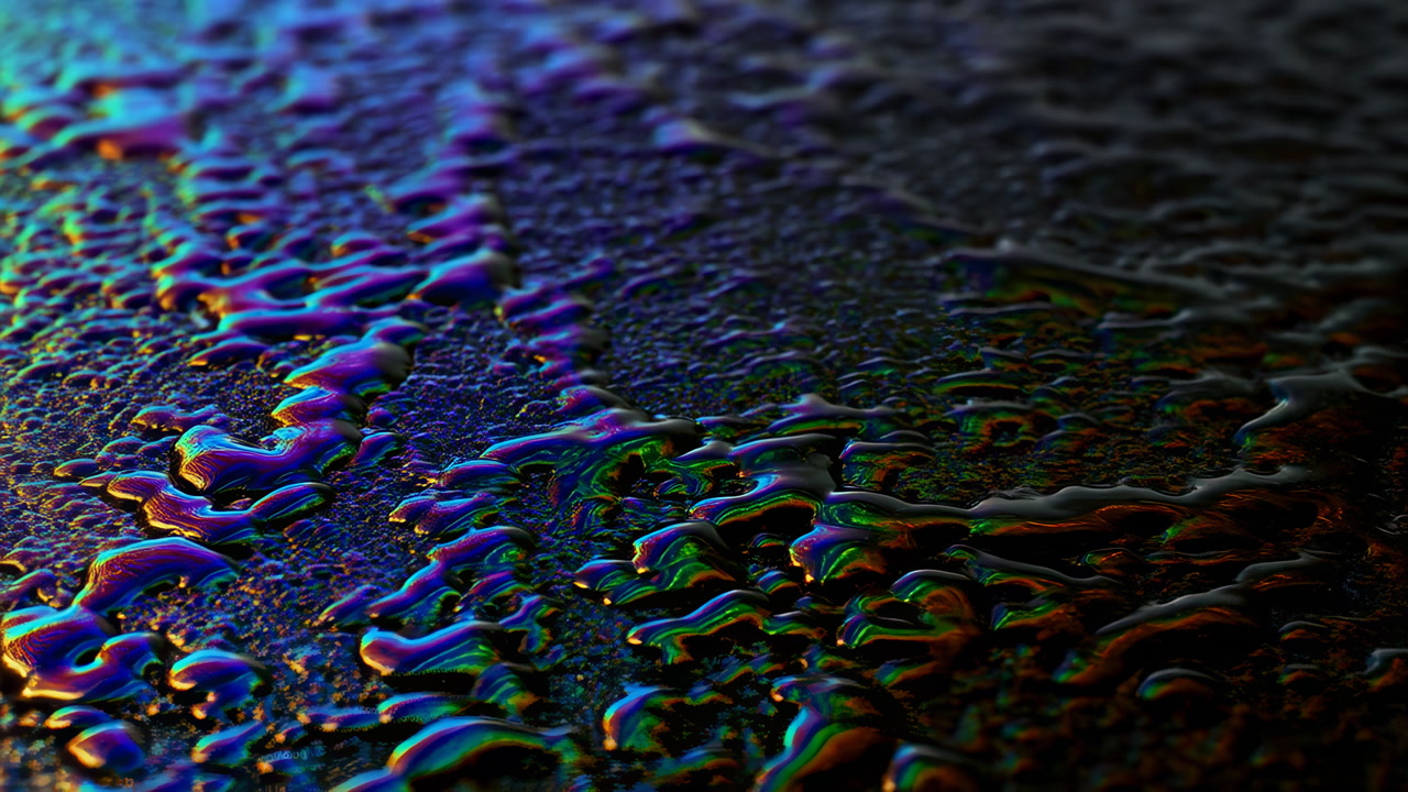 Iridescent Oil Film On Wet Asphalt, Detailed Macro View Of Rainbow Reflections, Glossy Puddles, Textured