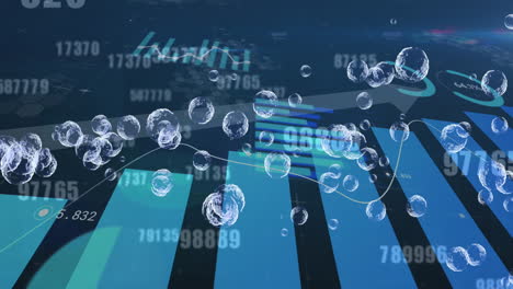 multiple bubbles floating and changing numbers against financial data processing on blue background
