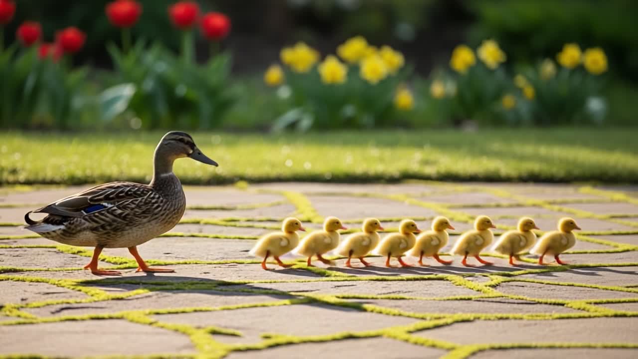 A mother duck proudly leads her adorable ducklings in a sunny garden, showcasing the beauty of nature and the bond between a parent and her young