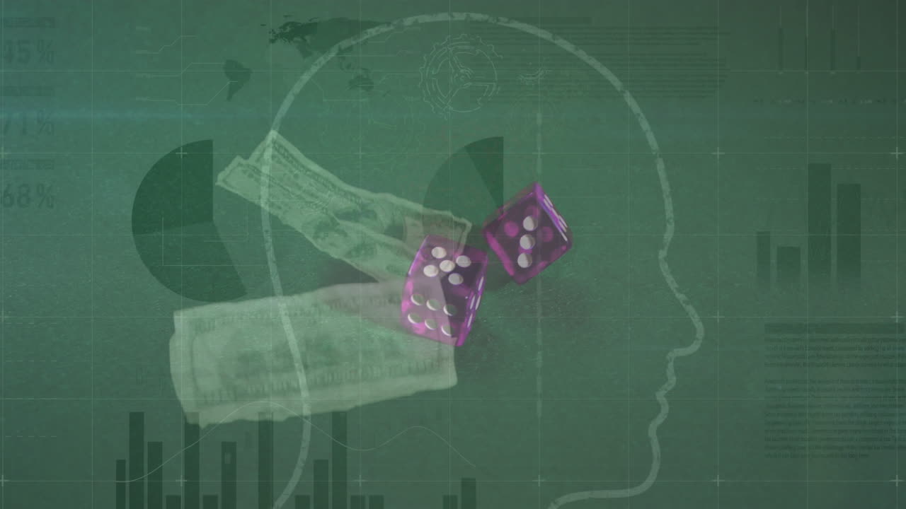 Animation of data processing over banknotes and dices