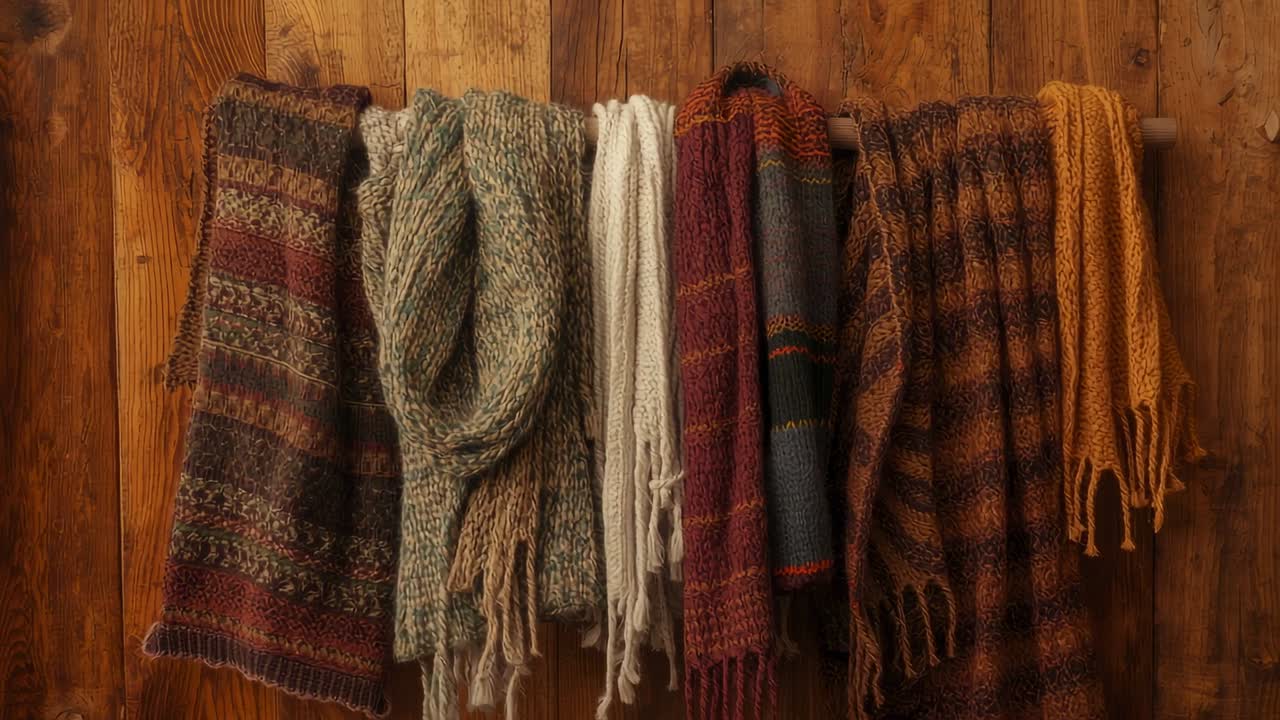 Camera initiating slow pan across knitted scarves on wood rod on wood-panel wall revealing knits