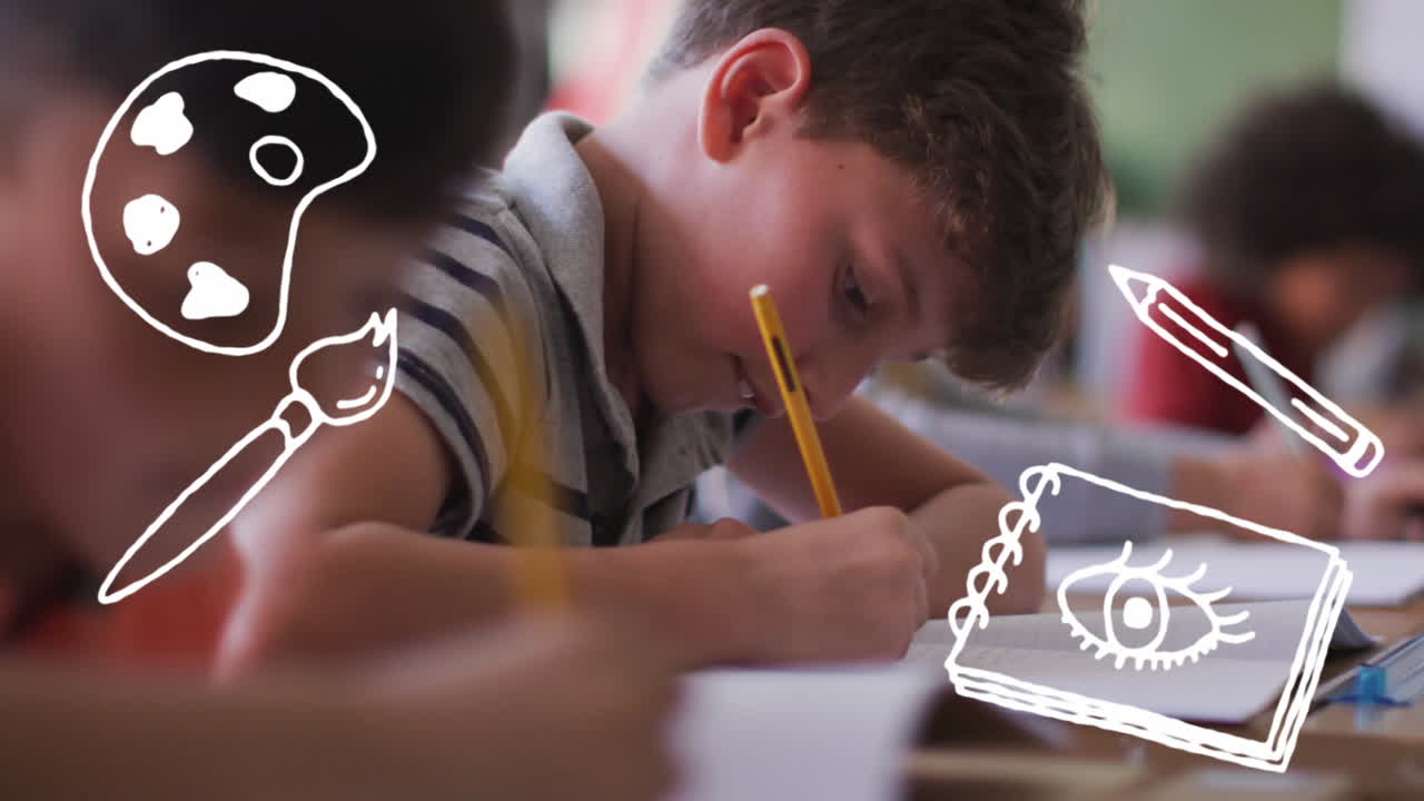 animación de iconos de artículos escolares sobre diversos dibujos de escolares