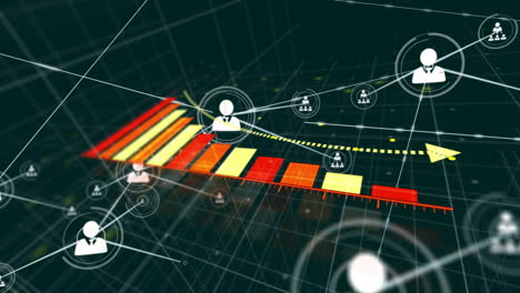 bar chart and network connections animation over dark grid background