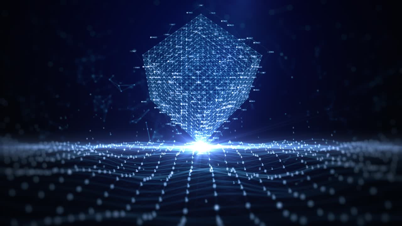 rotación del círculo del cubo digital azul, tecnología y metaverso, tecnología red de datos digitales y conexión blockchain, fondo abstracto