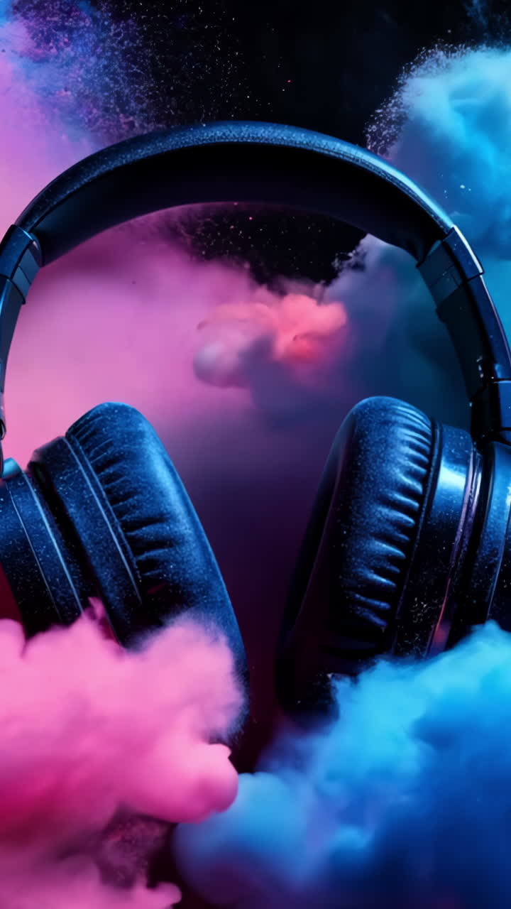 A pair of headphones is sitting in a cloud of pink and blue smoke. The headphones are surrounded by a colorful explosion of smoke, creating a vibrant and energetic atmosphere