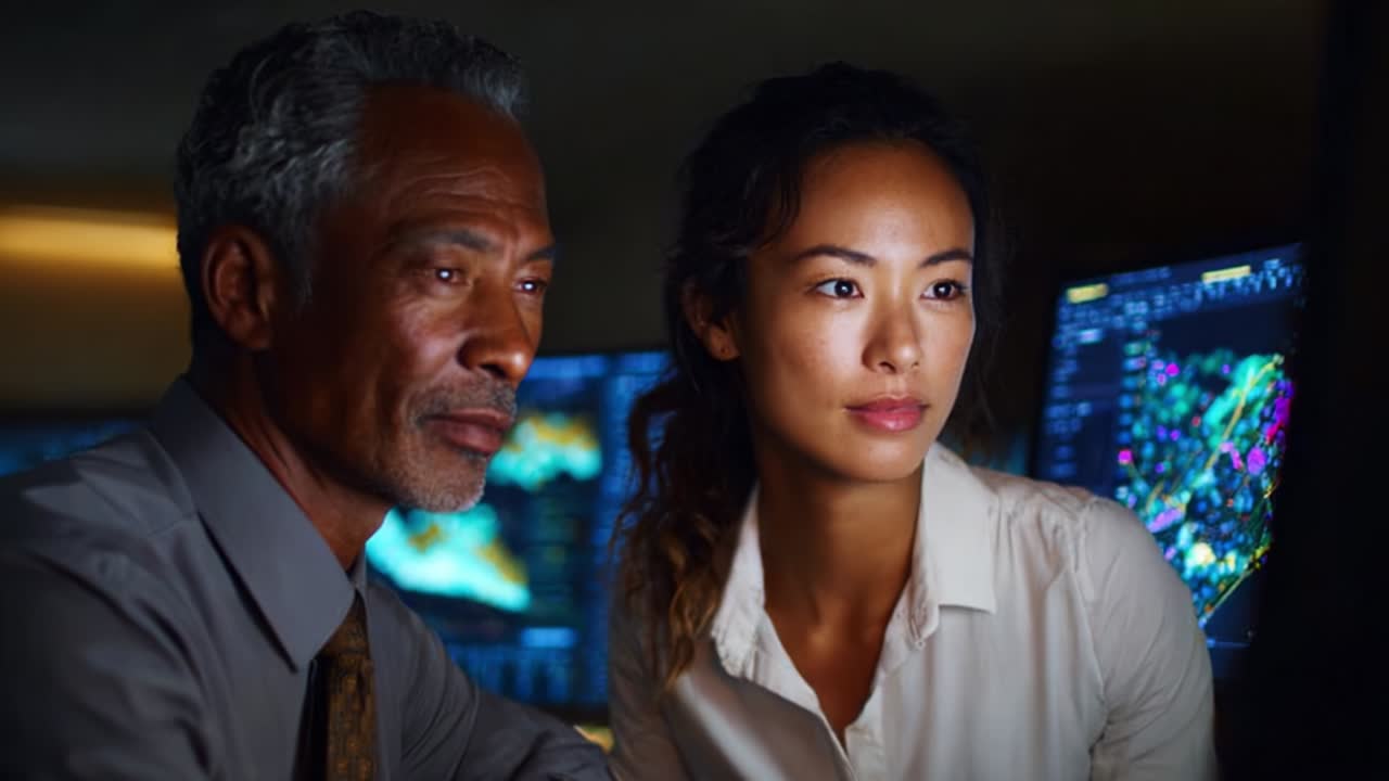 Insightful Collaboration: Two Professionals Engaged in Intense Discussion Surrounded by Advanced Technology and Data Analytics, Showcase the Power of Teamwork and Innovation in the Modern Workspace