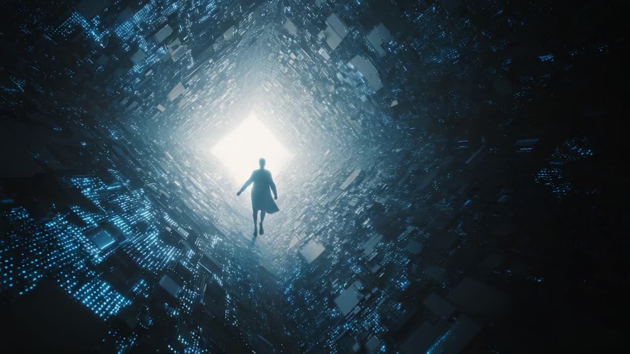A figure suspended in a vibrant digital tunnel, blending technology and surreal imagery, symbolizes the journey through a limitless expanse of virtual reality and innovation