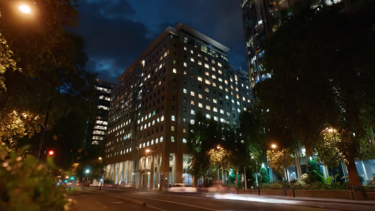 Paisagem noturna da cidade com edifícios e iluminação pública iluminados, mostrando a arquitetura moderna cercada por árvores exuberantes e céu limpo
