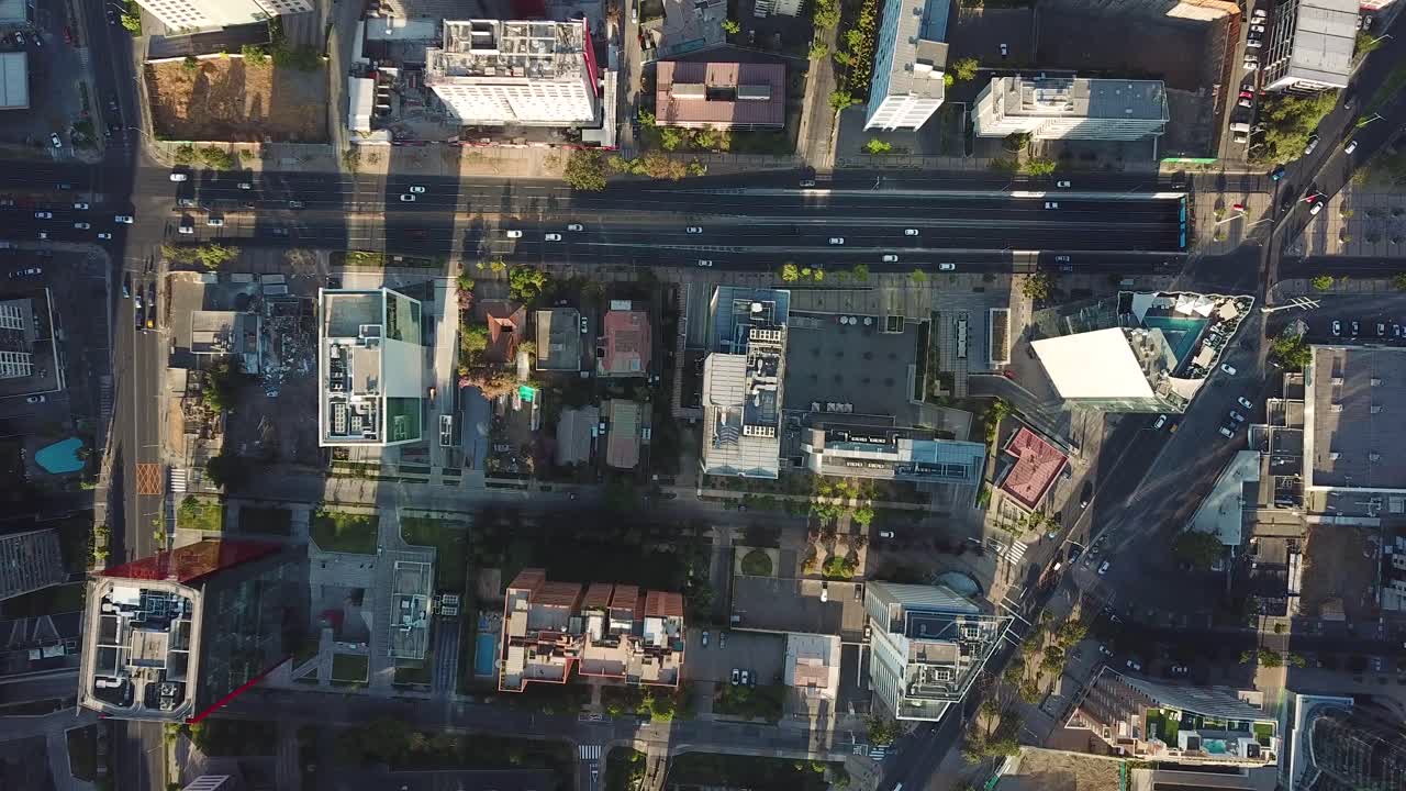 Santiago De Chile, Top Down Drone Aerial View of Urban Road Traffic in Modern Metropolis