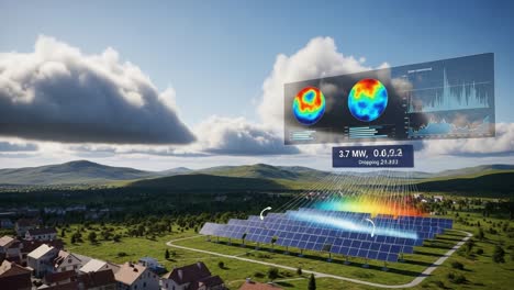 visualizing solar energy production: a progression of power generation from solar panels amidst a scenic landscape with advanced data analytics
