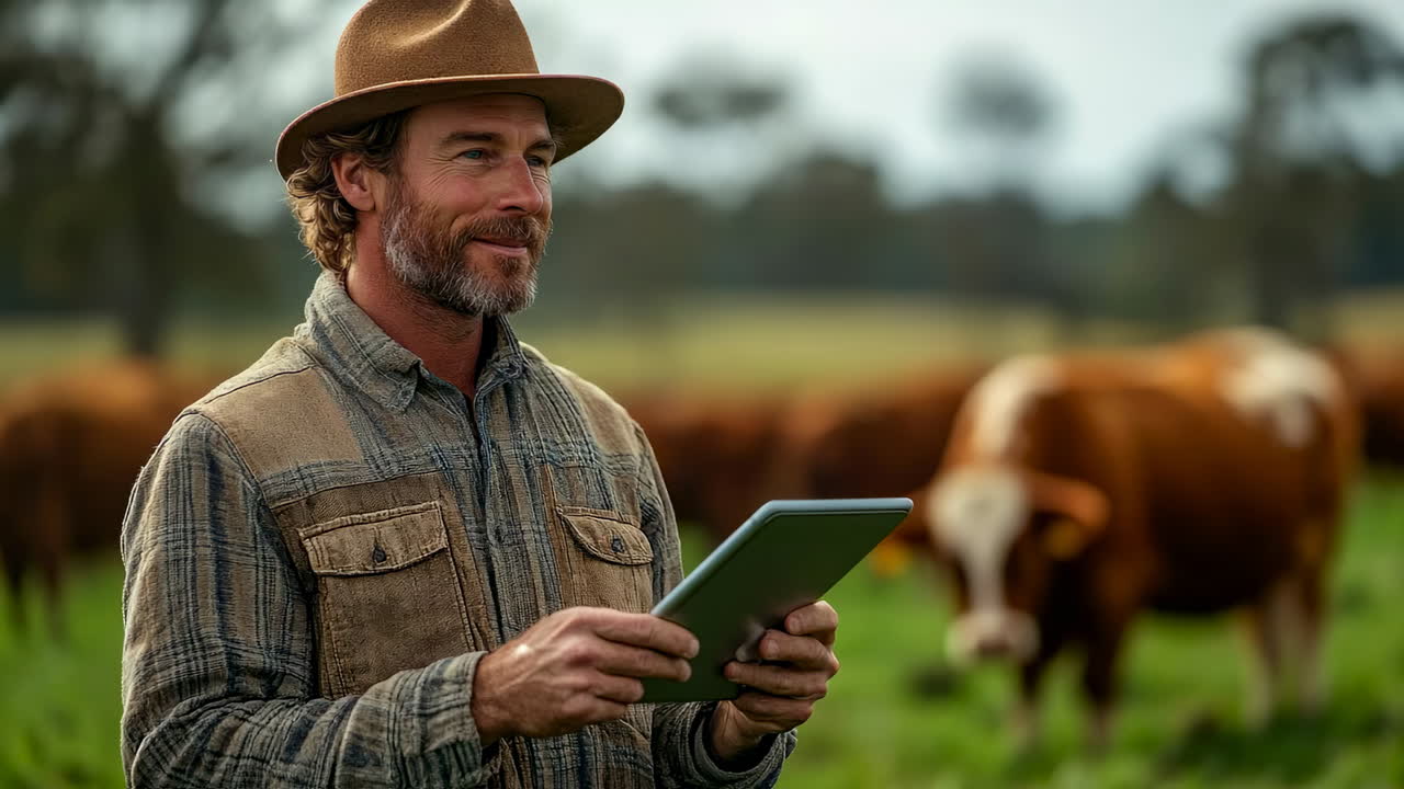 Farmer using technology in a green field. Man in a hat checks data on a tablet while standing in a sunny field with cows grazing in the background