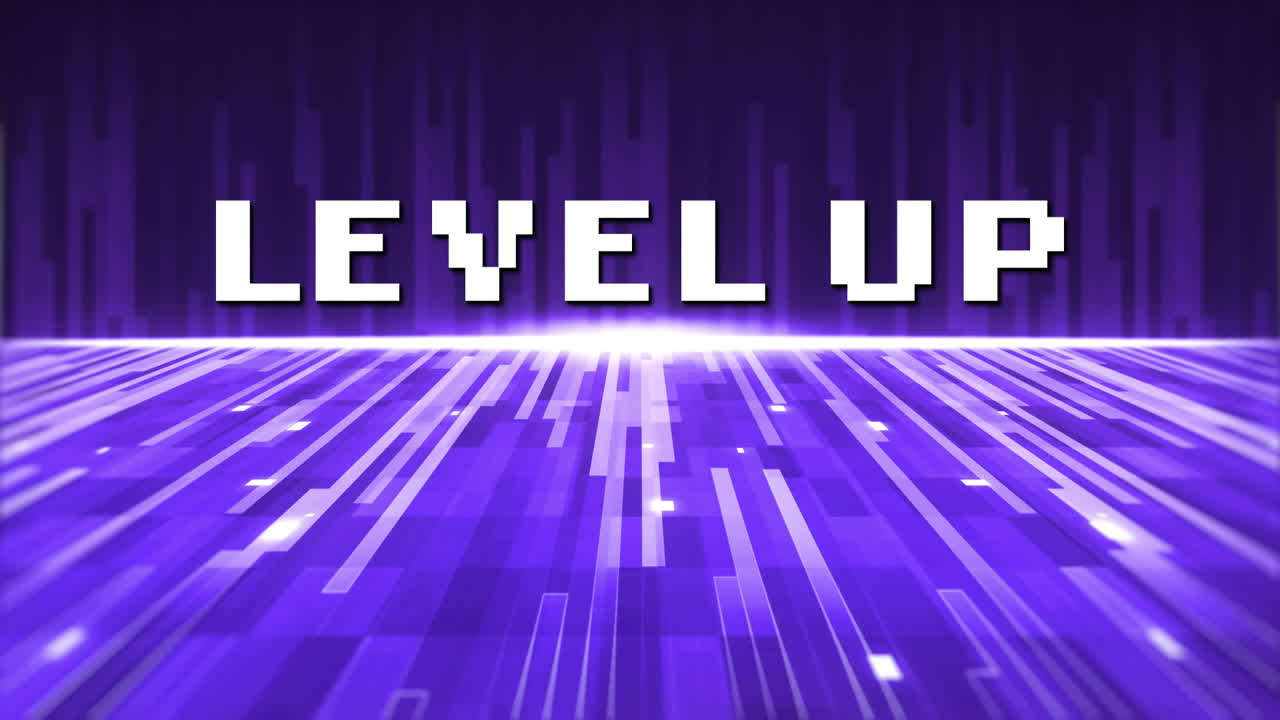 픽셀화 된 단어 들 을 표시 한 옛 비디오 게임 화면 의 애니메이션