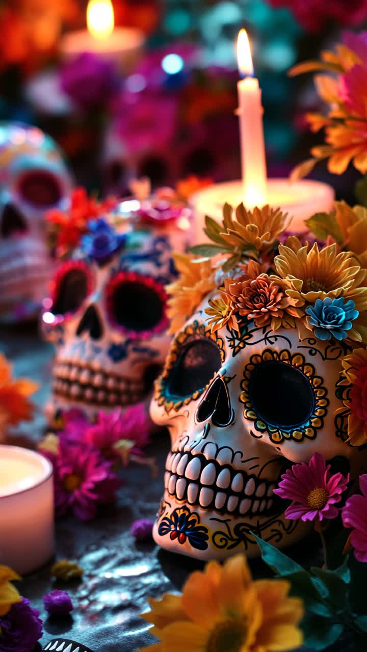 calaveras de azúcar y velas para el día de los muertos