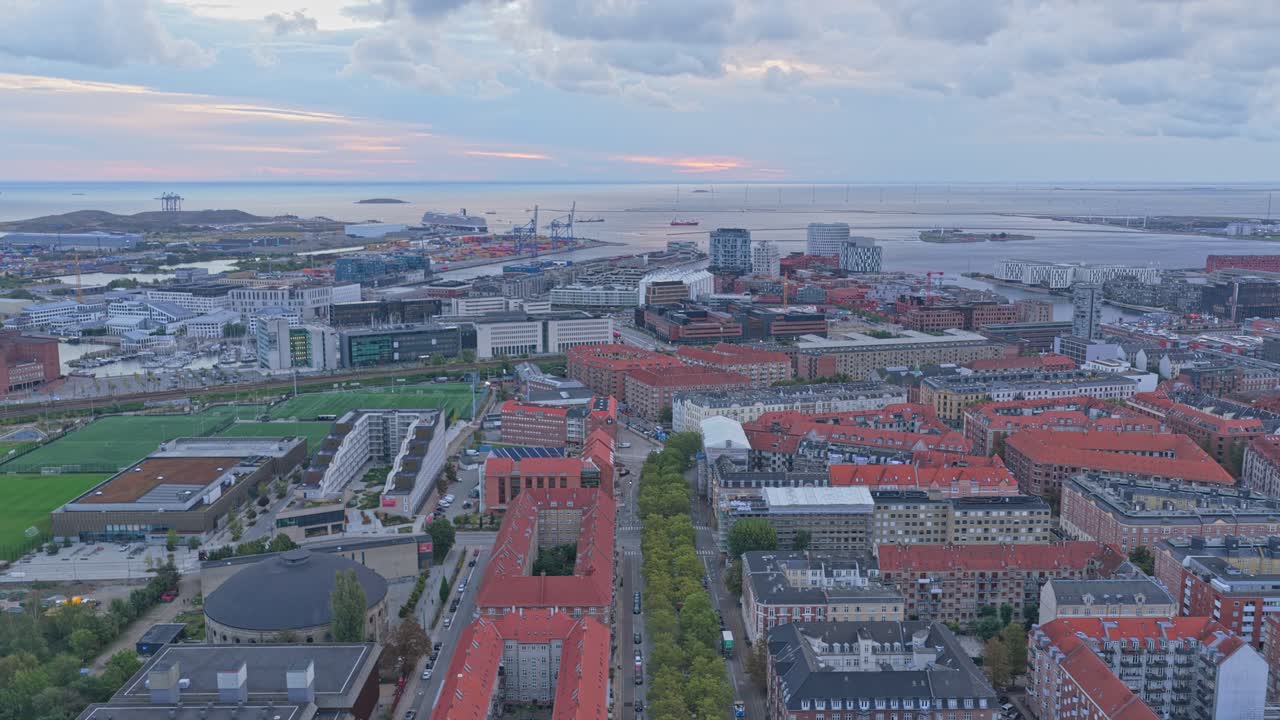 Drone view over Copenhagen city, Denmark skyline, harbor, and bridges