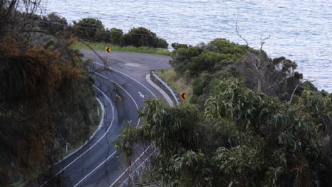 aerial view of a car driving along a curved road surrounded by lush foliage, with the sea nearby