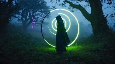 mysterious figure in a misty forest with ethereal glowing circle