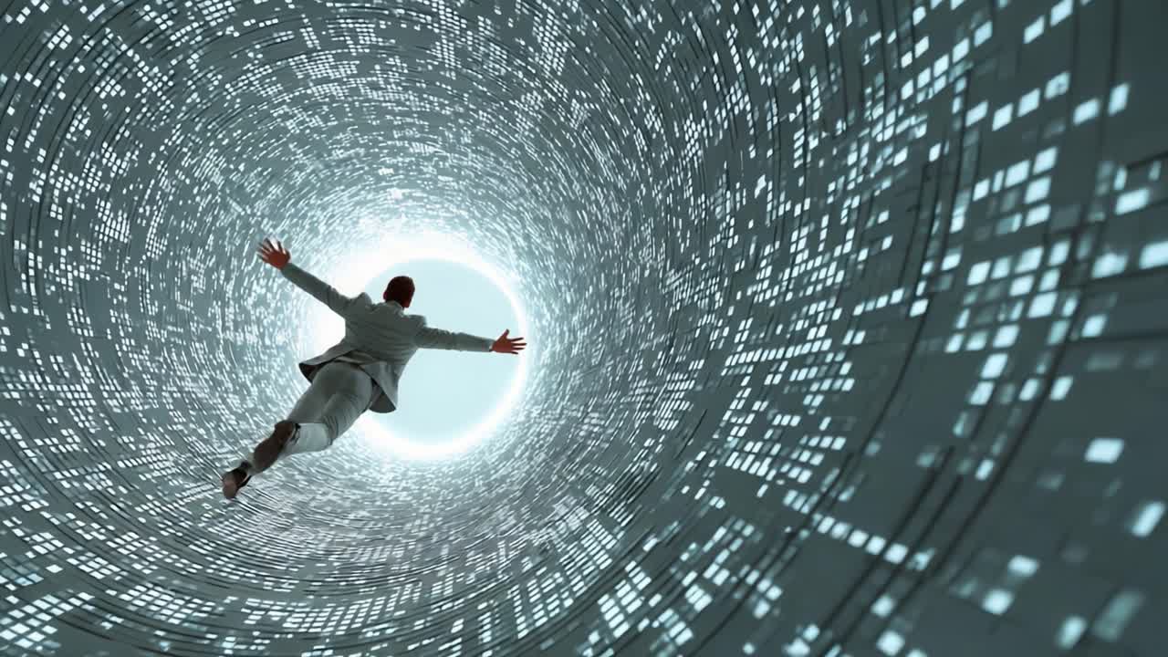 A Journey Through the Digital Abyss: An Individual Exploring a Tunnel of Data and Light, Emphasizing the Interplay Between Technology and Human Experience