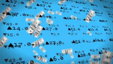 animation of numbers with arrows by them over american dollar bills floating.