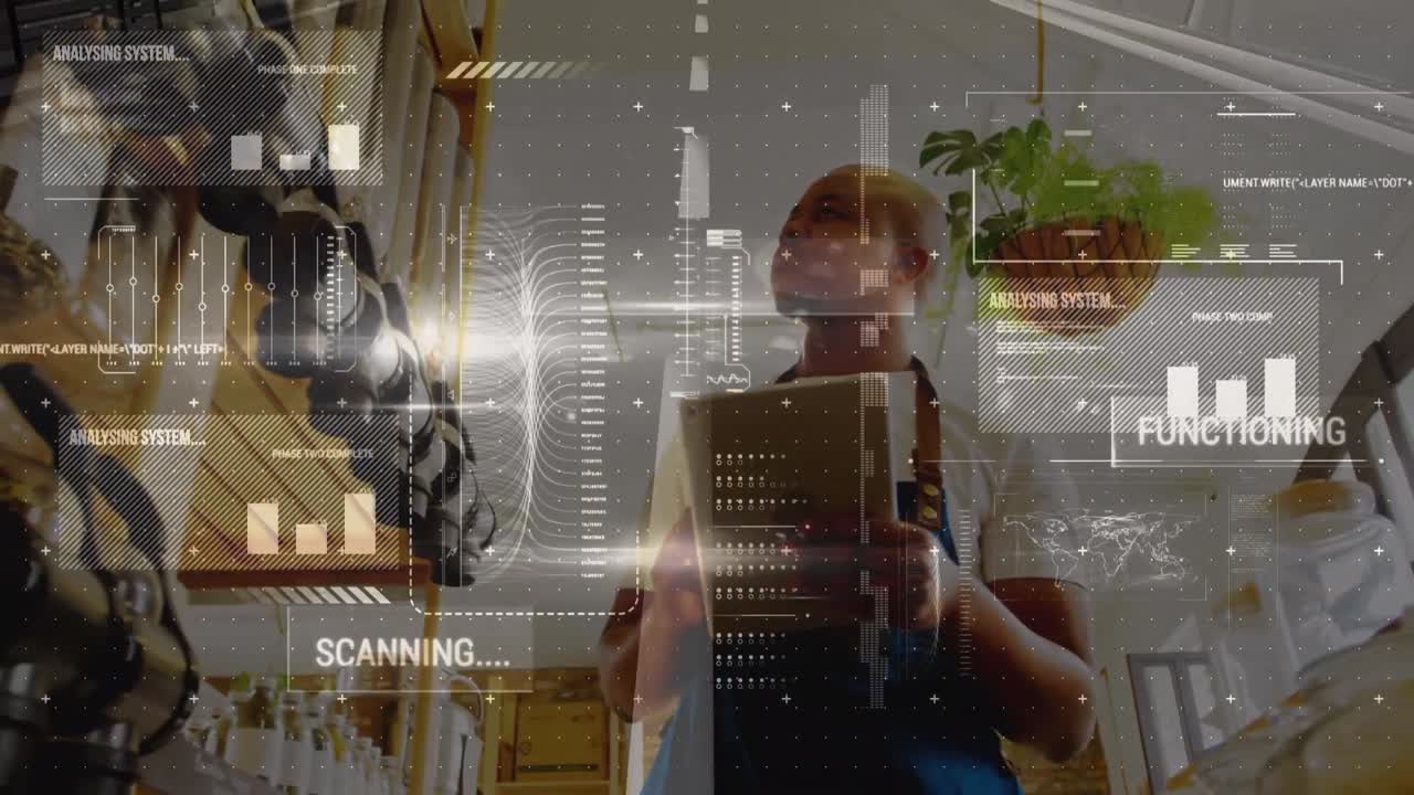 animación del procesamiento de datos financieros sobre un hombre afroamericano que usa una tableta