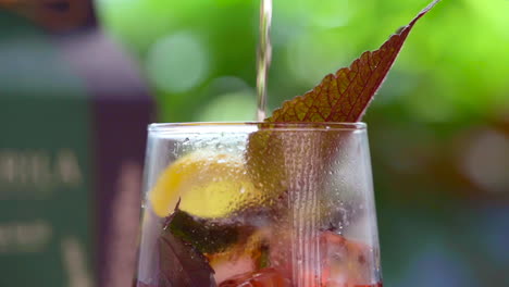 Verter-Té-De-Hierbas-Rojo-De-Una-Tetera-Transparente-En-Un-Vaso-Con-Hojas-De-Hierbas,-Limón-Y-Cubitos-De-Hielo-Con-Fondo-Verde-De-La-Naturaleza