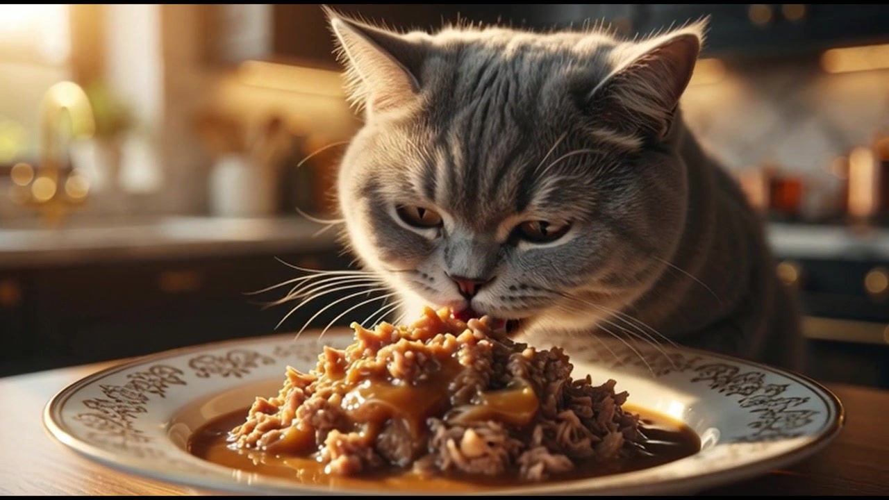 Graue getigerte Katze frisst Nassfutter vom Teller in einer Küche