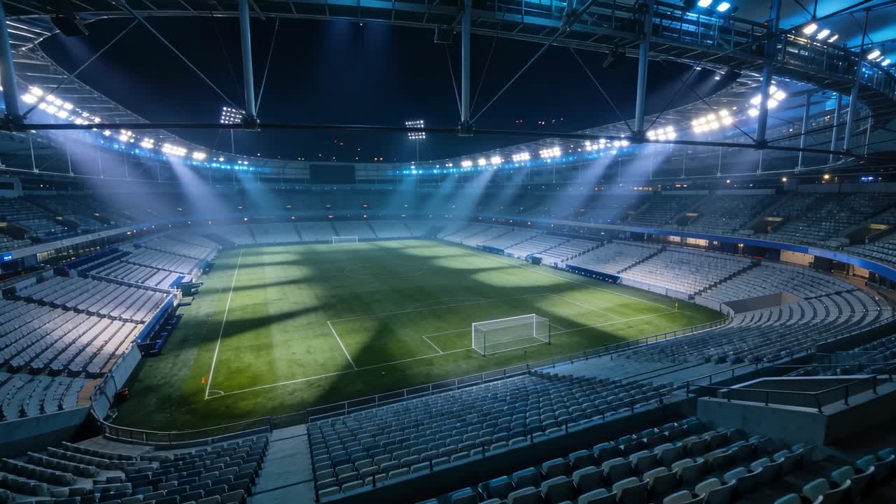 Attivazione di riflettori che illuminano un campo da calcio vicino alla porta di notte per una partita, proiettando ombre delle travi