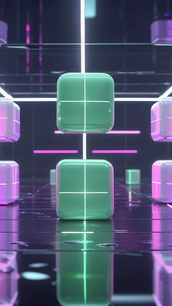 Video verticale: cubi impilati emergenti che passano dal verde al viola su un piano riflettente, con raggio al neon