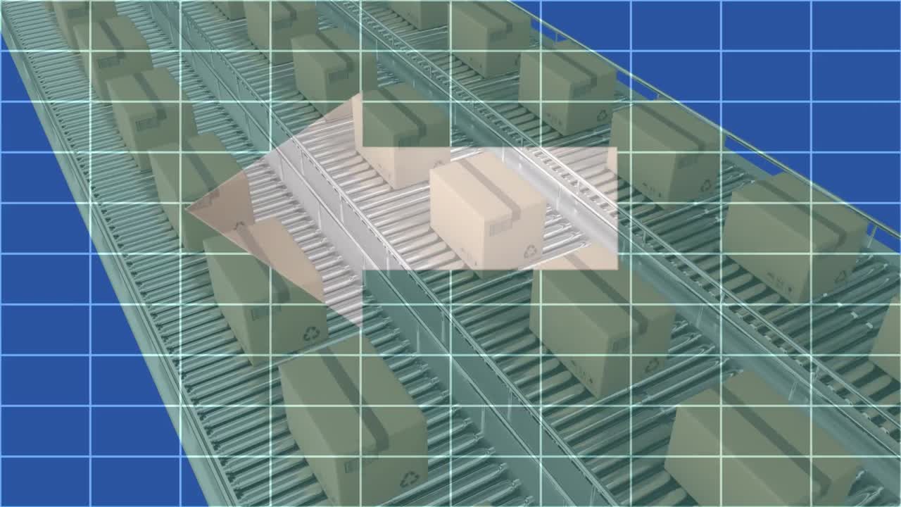 화살표 아이콘은 파란색 배경에 컨베이어 벨트에 있는 여러 상자 위에 그리드 네트워크에서 이동합니다.