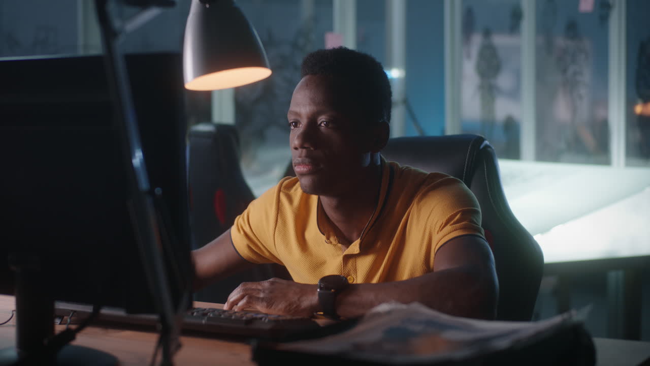 Man working on computer at night