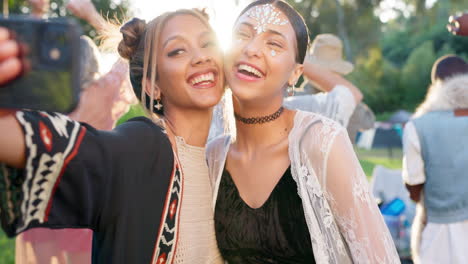 festival, woman friends and selfie with peace