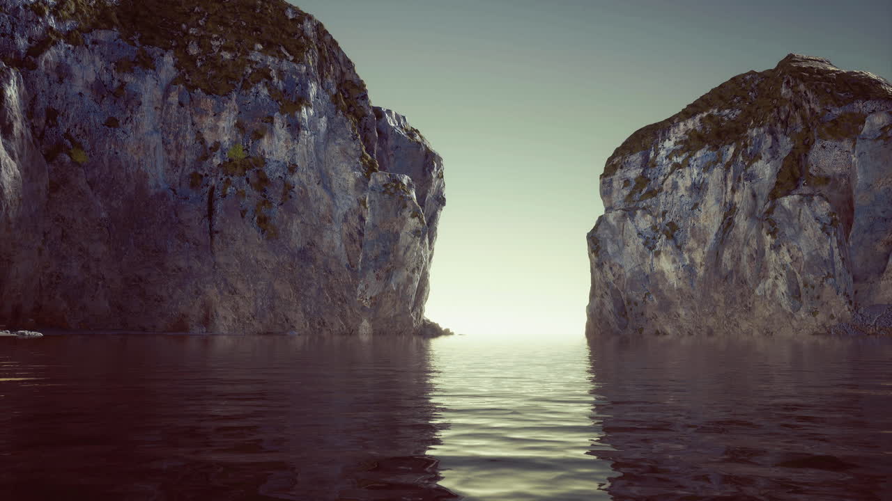 Secluded coastal cliffs reflecting serene waters during twilight hours
