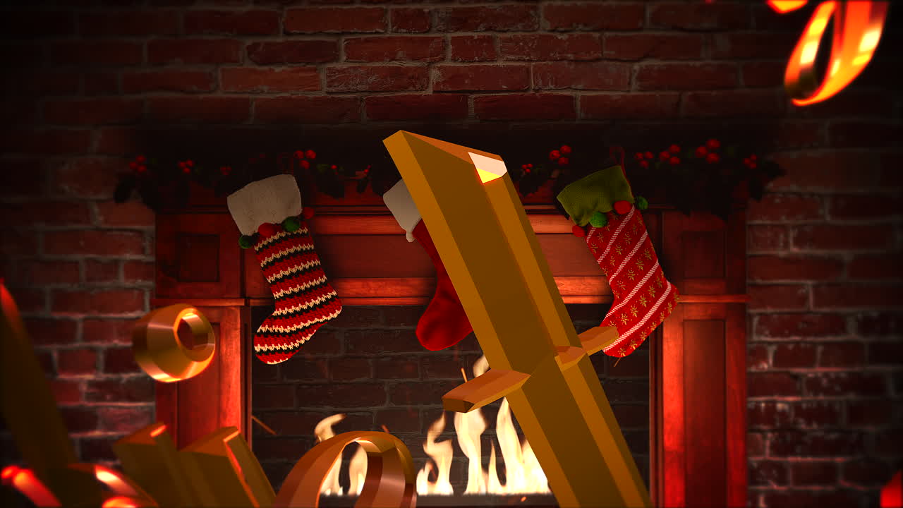 크리스마스 양말과 메리 크리스마스 텍스트에 선물이 있는 벽난로