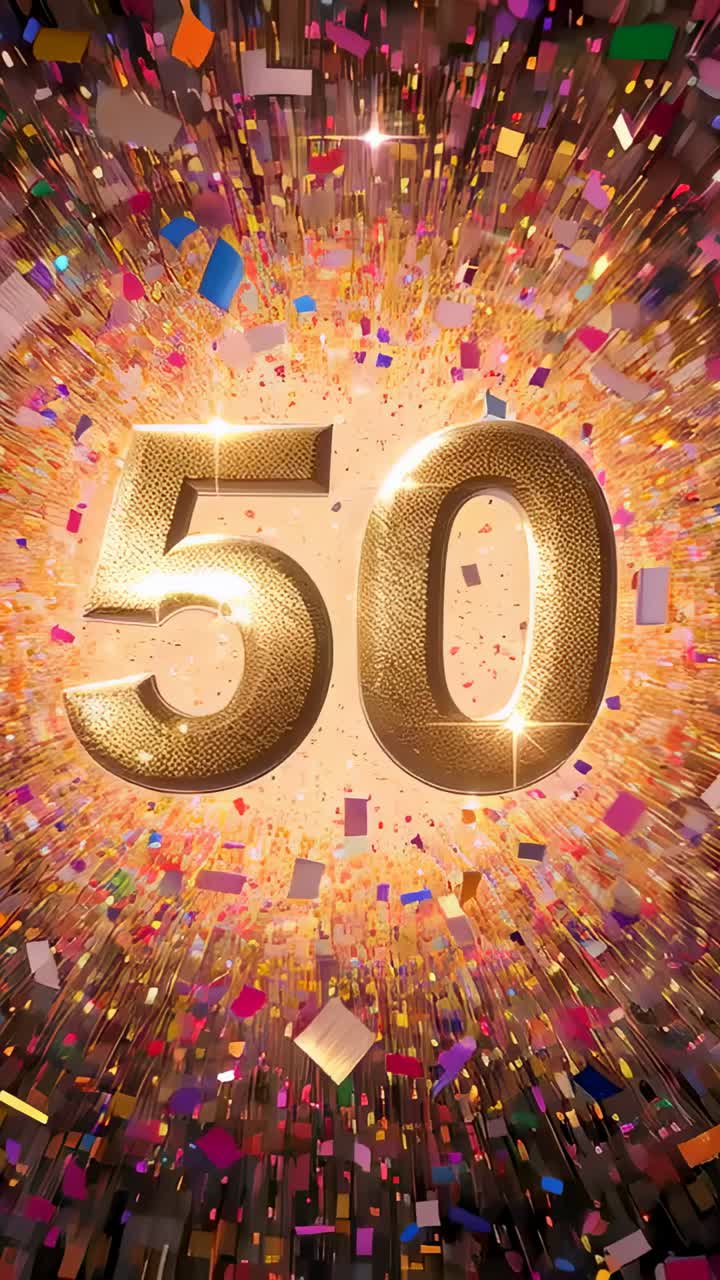 Video verticale: esplosione di luce con coriandoli scintillanti, numero 50 dorato con texture che rivela in studio il 50° anniversario